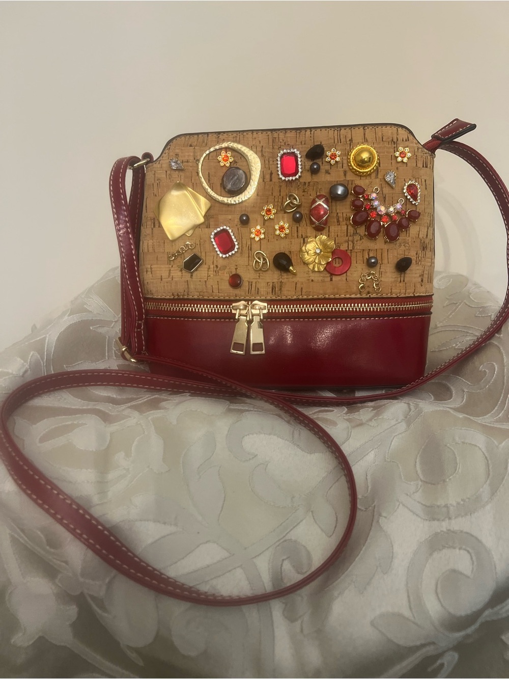 Embellished Cork Crossbody Bag in Red